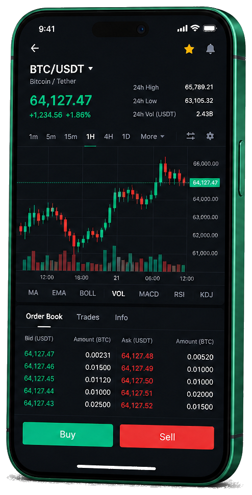 Screenshot of AuraxAI app on mobile presenting live BTC/AUD chart, order book, and trading features